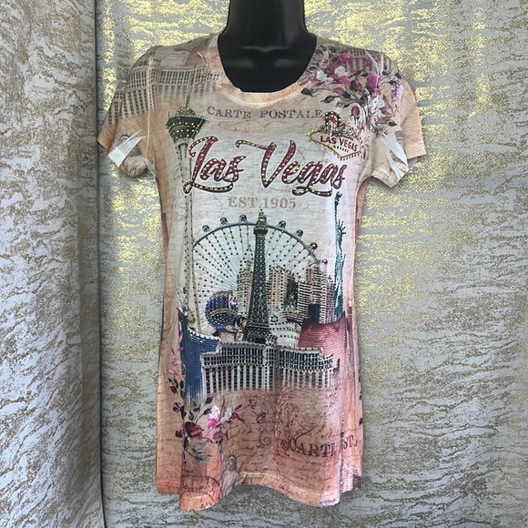 Banana Expression Las Vegas Print Embellished Short Sleeve Tee Size L - Picture 3 of 12